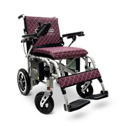 ComfyGO X-7 foldable electric wheelchair, silver frame, purple quilted cushion and backrest