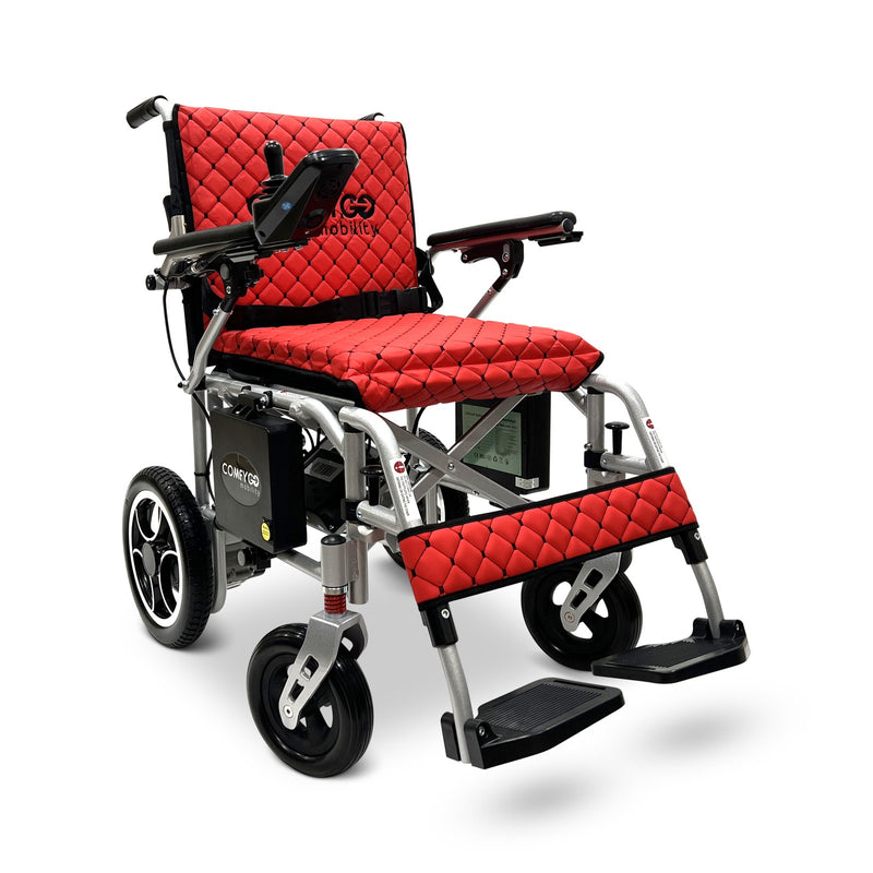 ComfyGO X-7 foldable electric wheelchair, silver frame, red quilted cushion and backrest